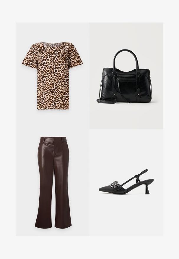 Top de manga corta con estampado de leopardo que presenta un escote redondeado, hecho de una tela suave con un fondo beige y manchas marrón negras.; Pantalones acampanados de imitación de cuero marrón con una textura suave, que presentan una cintura con cinturón y una cremallera. Líneas limpias y una silueta elegante.; Simmi London DALA - Tacones - black; Bolso de cuero negro con asas dobles, bolsillo frontal con cremallera, correas decorativas y correa de hombro desmontable sobre un fondo claro.