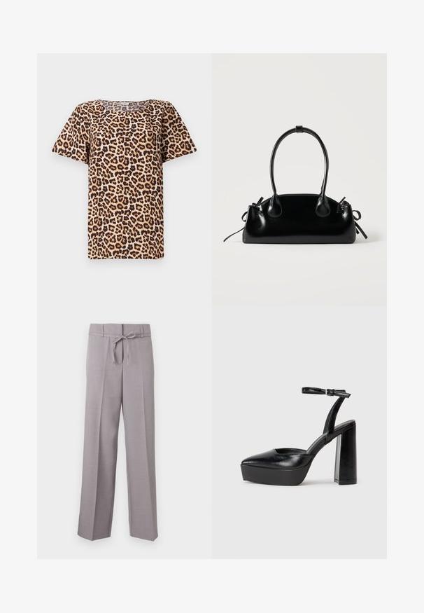Top de manga corta con estampado de leopardo que presenta un escote redondeado, hecho de una tela suave con un fondo beige y manchas marrón negras.; Pantalones de pierna ancha en gris claro, con una textura suave, que presentan una cinturilla con cordón y pliegues marcados para un ajuste estructurado.; Zapatos de tacón negro con punta afilada y correa ajustable en el tobillo. Confeccionados en cuero suave, presentan un tacón grueso.; Pequeño bolso negro brillante con dos asas largas y detalles de cordón lateral sobre un fondo claro liso.