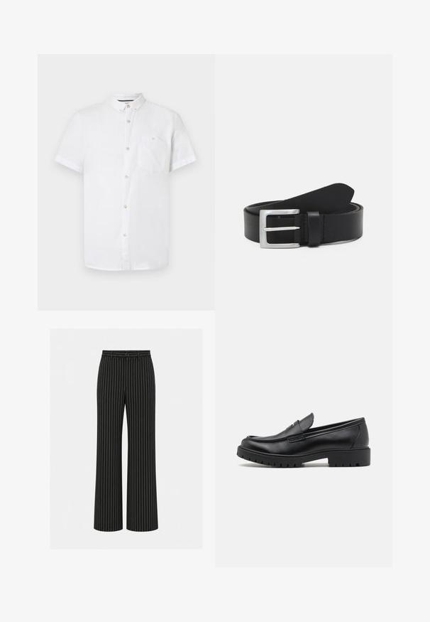 Chemise blanche à manches courtes en coton, avec un col boutonné, une poche poitrine et des détails en boutons en bois. Texture lisse.; Pantalon noir à jambes larges avec fines rayures verticales blanches, bouton et passants à la taille.; Mocassins en cuir noir avec un bout arrondi, un design à enfiler et une semelle en caoutchouc épaisse avec une texture antidérapante. Talon surélevé et détails de surpiqûre subtils.; Ceinture en cuir noir avec une texture lisse, boucle rectangulaire en argent et une boucle pour l'extrémité. Présente des coutures soignées le long des bords.