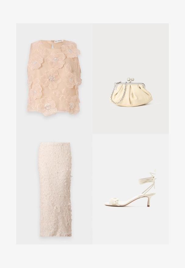Blomsterbroderet top i blød ferskenfarvet stof, der har 3D-blomster med perlecentre og en nøglehulslukning bagpå. Glat tekstur.; Cremefarvet blyantskirt i blonde med blomsterapplikationer. Designet er tætsiddende, med en glat tekstur og detaljerede udsmykninger.; Kremfarvet sandal med lave hæle, bindebånd om anklen og en bred snoet rem over tæerne på en ensartet hvid baggrund.; Plisseret beige læderclutch med en sølvmetalramme, der har to runde dekorative låse og en sølvkædetrasporte.