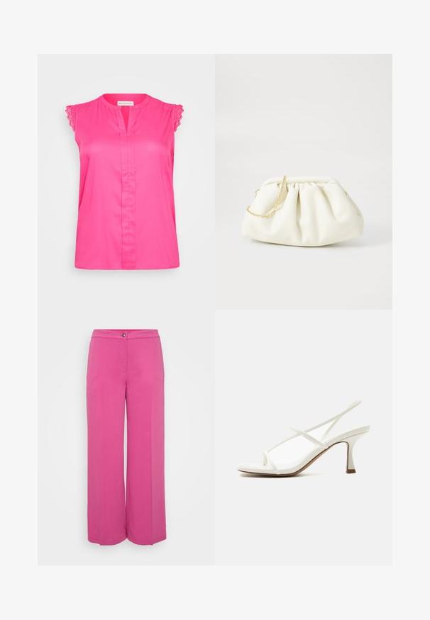 Blusa sin mangas de color rosa con borde de encaje en los hombros, que cuenta con una tapeta en la parte delantera y un corte relajado. Tejido suave, de color sólido, sin estampados.; Pantalones de pierna ancha de talle alto en tela de color rosa brillante. Cuentan con un cierre frontal de botón y dos bolsillos laterales para mayor funcionalidad.; Sandalia blanca de mujer con tacón, puntera abierta, tiras delgadas cruzadas y talonera en un fondo claro.; Bolso de mano de cuero blanco con un diseño recogido, cuenta con una cadena dorada y forma redondeada. Textura suave con pliegues suaves y sin patrones.