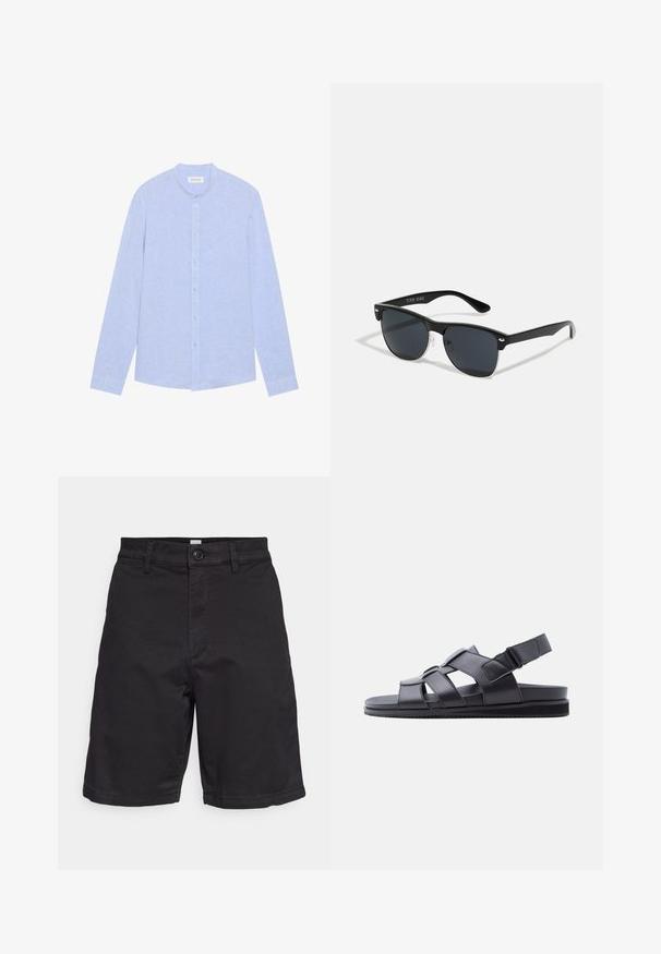 Chemise à manches longues bleu clair avec col montant, bouton sur le devant, et tissu texturé. Présente des boutons bleu clair et un ourlet droit.; GAP ESSENTIAL - Short - true black; Sandale en cuir noir avec une semelle plate, des brides ajustables sur le dessus du pied et autour du talon, et une zone de bout fermée.; Lunettes de soleil noires de forme rectangulaire, verres foncés, accents argentés aux tempes et finition mate sur la monture.