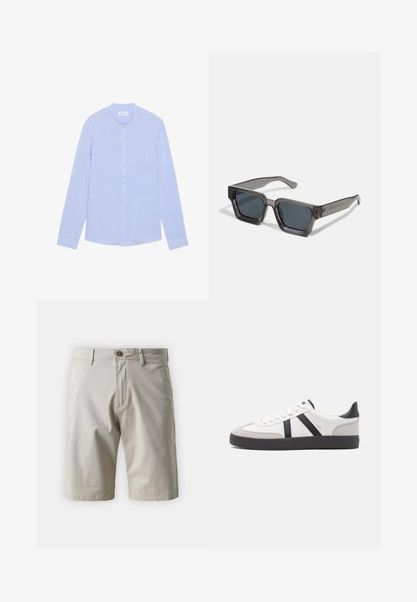 Camisa de manga larga de color azul claro con cuello de banda, cierre de botones en la parte delantera y tela texturizada. Presenta botones azul claro y un dobladillo recto.; Pantalones cortos de algodón beige con un corte clásico, que cuentan con cremallera, cierre de botón y dos bolsillos laterales. Textura suave y diseño limpio.; Zapatilla blanca con acentos en negro y gris, que presenta una puntera texturizada en gris, suela de goma negra y cordones planos blancos. Diseño limpio, estilo minimalista.; Jack & Jones JACPETER SUNGLASSES UNISEX - Gafas de sol - grey
