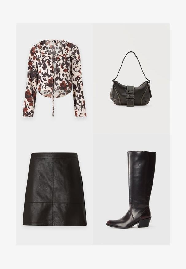 Blouse raccourcie avec cordon de serrage, présentant une base beige et un imprimé abstrait brun et rouge. Manches longues et tissu doux et texturé.; Jupe mini en simili cuir noir avec une texture lisse, une forme structurée et des coutures détaillées. Aucun matériel ou accent visible.; Botte en cuir brun foncé, à hauteur de genou, avec un bout pointu, un talon bloc angulaire et une texture lisse et brillante. Présente un design épuré et des détails de couture.; Sac à épaule en cuir noir avec une sangle à boucle, des bords arrondis et des coutures blanches contrastées sur un fond uni.