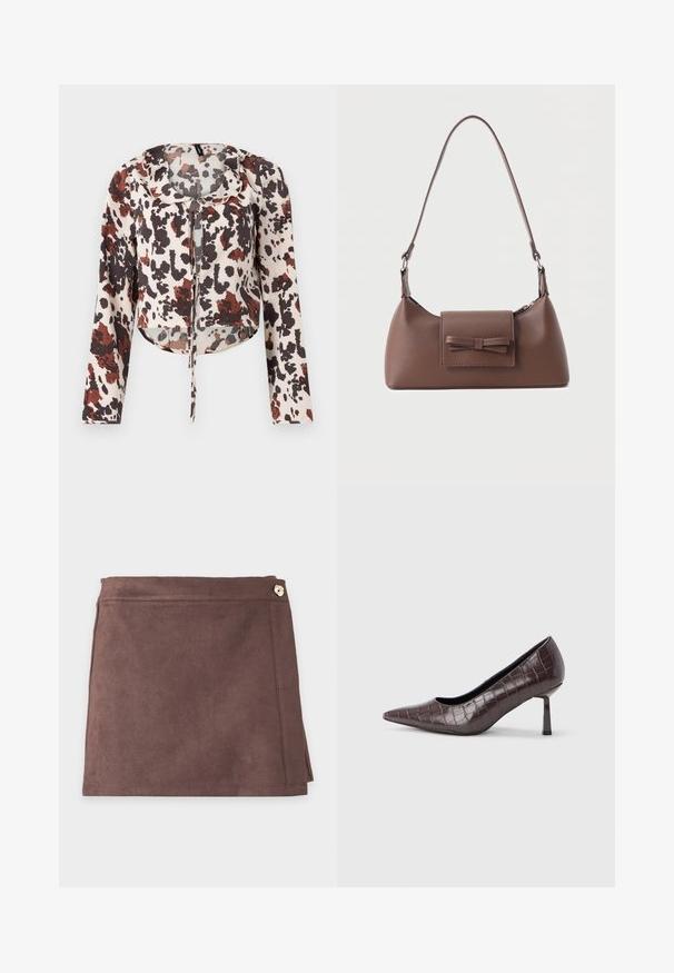 Blouse raccourcie avec cordon de serrage, présentant une base beige et un imprimé abstrait brun et rouge. Manches longues et tissu doux et texturé.; Mini-jupe en daim marron avec un bouton latéral et des détails de couture subtils sur un fond clair uni.; Escarpins à bout pointu en similicuir marron avec une texture crocodile, dotés d’un talon fin et angulaire ainsi que d’une doublure intérieure lisse.; Sac à bandoulière en cuir marron avec une poche à rabat avant ornée d'un détail en forme de nœud cousu et une sangle réglable.