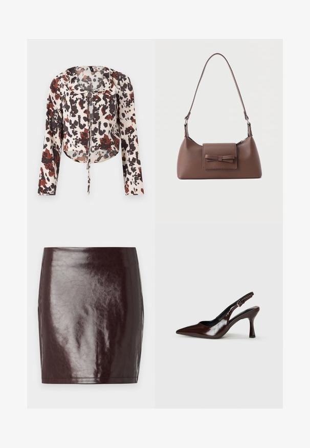 Blouse raccourcie avec cordon de serrage, présentant une base beige et un imprimé abstrait brun et rouge. Manches longues et tissu doux et texturé.; Mini-jupe en simili cuir bourgogne avec une texture lisse et brillante et une silhouette ajustée. Présente des lignes épurées et un ourlet droit.; Talons slingback en cuir verni brun avec un bout pointu, un talon fin, et une sangle réglable avec une petite boucle.; Sac à bandoulière en cuir marron avec une poche à rabat avant ornée d'un détail en forme de nœud cousu et une sangle réglable.