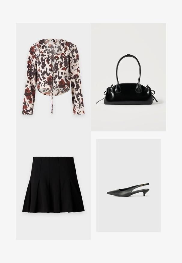 Blouse raccourcie avec cordon de serrage, présentant une base beige et un imprimé abstrait brun et rouge. Manches longues et tissu doux et texturé.; Jupe noire courte plissée en tissu lisse. Dispose d'une taille élastique et d'une silhouette évasée qui s'étend jusqu'au milieu de la cuisse.; Chaussure slingback noire à bout pointu en cuir lisse. Présente un talon fin et un détail de boucle sur la sangle réglable.; Petit sac à main noir brillant avec deux longues anses et des détails à cordon sur les côtés sur un fond clair uni.