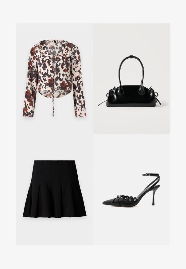 Blouse raccourcie avec cordon de serrage, présentant une base beige et un imprimé abstrait brun et rouge. Manches longues et tissu doux et texturé.; Jupe noire courte plissée en tissu lisse. Dispose d'une taille élastique et d'une silhouette évasée qui s'étend jusqu'au milieu de la cuisse.; Chaussure à talon haut noire à bout pointu, bords festonnés, œillets métalliques, lacets à l'avant et bride de cheville avec fermeture à boucle.; Petit sac à main noir brillant avec deux longues anses et des détails à cordon sur les côtés sur un fond clair uni.
