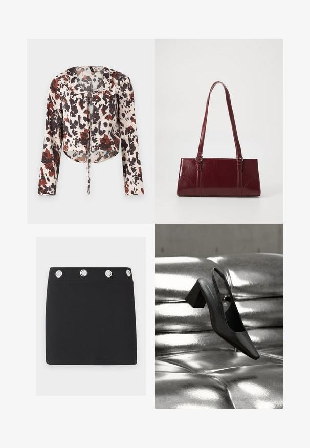 Blouse raccourcie avec cordon de serrage, présentant une base beige et un imprimé abstrait brun et rouge. Manches longues et tissu doux et texturé.; Mini-jupe noire avec une large ceinture présentant quatre grands œillets métalliques argentés, espacés uniformément sur le bord supérieur.; Escarpin noir à bride arrière avec bout pointu, présentant une surface texturée et un talon bloc épais. Posé sur un fond métallique brillant.; Sac à main bordeaux en matériau brillant, de forme rectangulaire, avec deux anses et des accents légèrement courbés à l'avant.