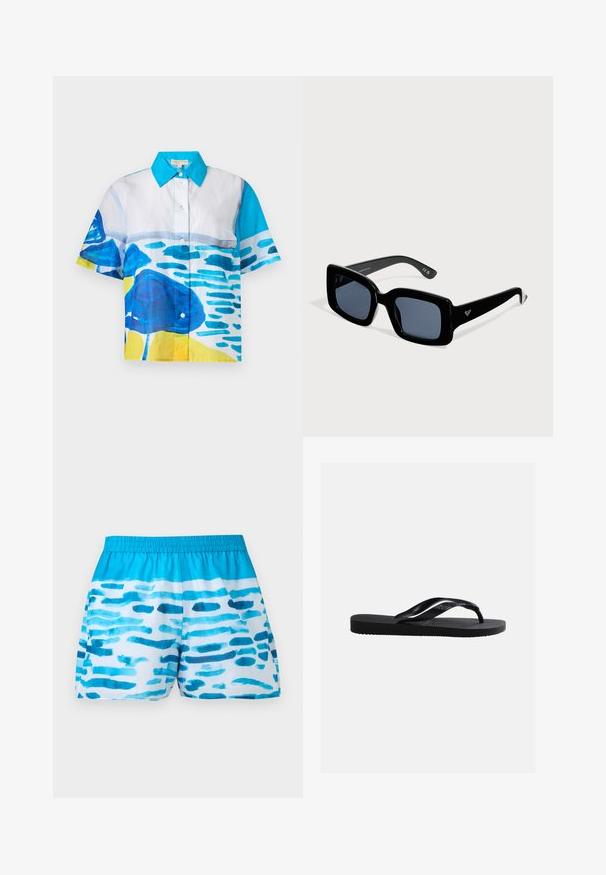Chemise à manches courtes avec boutons, col bleu et motifs abstraits aquarelle bleus, blancs et jaunes sur le devant et les manches.; Short de bain homme bleu et blanc avec motifs abstraits horizontaux de coups de pinceau et taille élastique sur un fond uni.; Sandale tong noire en caoutchouc avec semelle texturée et brides lisses, vue de côté sur un fond gris clair uni.; Lunettes de soleil à monture carrée noire avec verres sombres et petit logo sur la branche, présentées sur un fond clair uni.