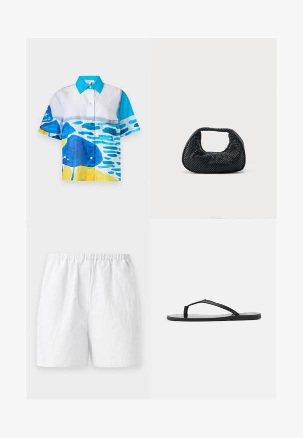 Chemise à manches courtes avec boutons, col bleu et motifs abstraits aquarelle bleus, blancs et jaunes sur le devant et les manches.; Shorts blancs avec une taille élastique, en tissu texturé et avec une coupe décontractée. Design simple, sans motifs ni embellissements.; Tongs noires au design minimaliste, avec des sangles fines et une semelle plate. Le matériau semble être du plastique avec une texture lisse.; Sac hobo tissé noir avec une structure souple et une poignée intégrée, présenté sur un fond clair uni.