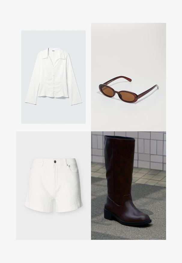 Chemise blanche à manches longues avec col, coupe ajustée, tissu texturé, fermeture à boutons sur le devant et manches évasées. Étiquette de la marque visible.; Shorts en denim blanc avec fermeture avant par bouton et zip, passants pour ceinture et design à cinq poches sur un fond uni.; Botte en cuir marron foncé mi-mollet avec un bout arrondi et un petit talon bloc, posée sur le trottoir près d’un mur carrelé.; Lunettes de soleil rondes teinte brun avec une monture bordeaux brillante. Branches fines avec un détail de marque subtil. Design de verres plats.