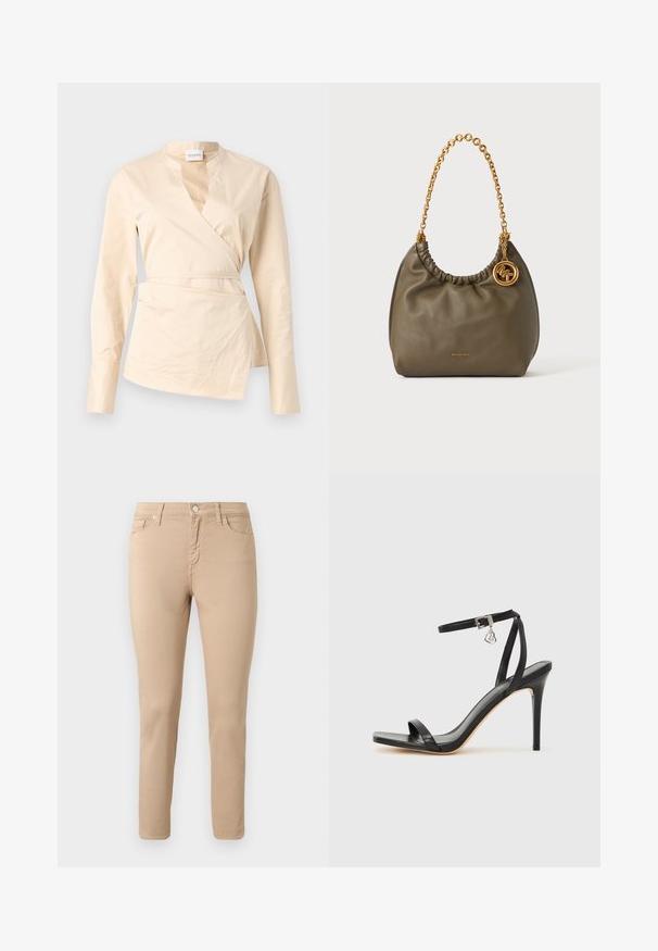 Chemise wrap beige en coton, dotée de manches longues, d'un profond décolleté en V et d'un détail de lien sur le côté pour la forme et la structure.; Pantalon beige slim-fit avec bouton à l'avant, fermeture éclair, passants pour ceinture et cinq poches, présenté sur un fond clair uni.; Sandale à talon haut noire avec une bride étroite à la cheville, bout carré, cuir lisse et accent de boucle métallique.; Sac à main vert olive Michael Kors avec anse en chaîne dorée et pendentif logo MK, forme arrondie, sommet froncé, fond blanc uni.
