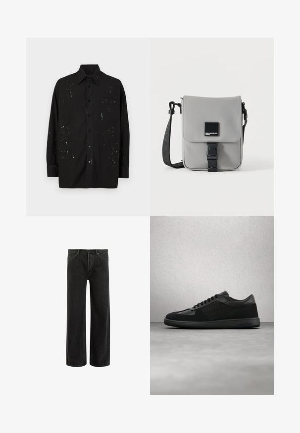 Sort langærmet skjorte lavet af bomuld, med en knaplukning fortil, brystlomme og sprøjtede mønstre i lyseblå og hvid.; Sorte denim bredde ben jeans med høj talje, med klassisk fem-lomme design og subtil falmning for et tekstureret udseende.; Sort lavtop sneaker med sorte snørebånd, tekstureret sidepanel, glat tå og en sål med Valentino-logo.; Grå crossbody taske med sort justerbar rem, frontklap sikret med sort spænde, med et firkantet Karl Lagerfeld Jeans logo patch.