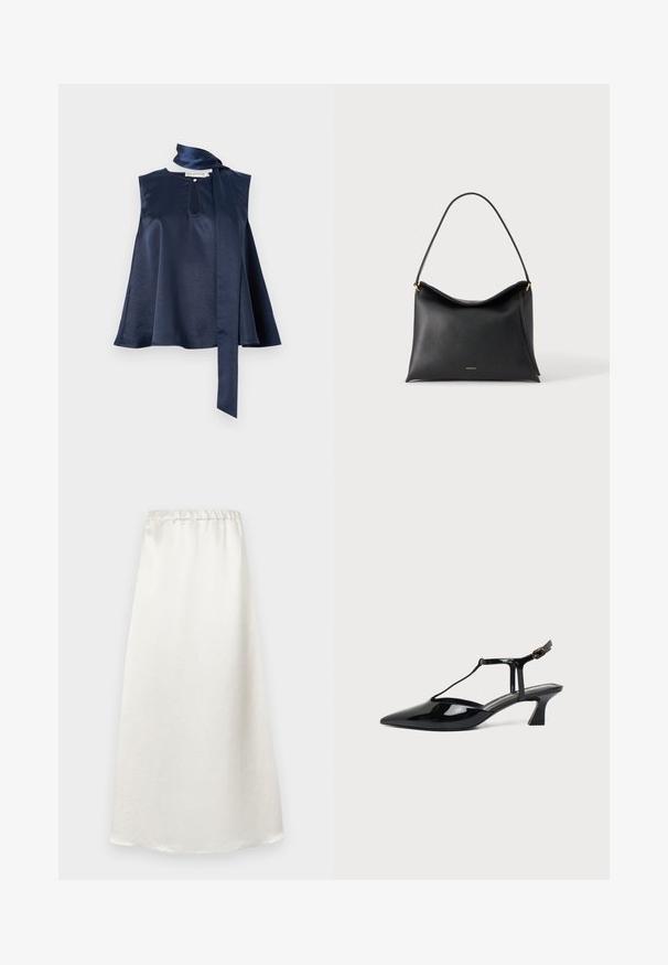 Top sans manches en satin marine avec un détail en trou de serrure, un design fluide et un long noeud en écharpe au niveau du cou, avec une texture lisse et une belle drapé.; Jupe blanche longueur cheville en tissu lisse et léger, avec une taille froncée et une finition texturée subtile.; Chaussure slingback en cuir verni noir à bout pointu avec bride en T et petit talon bloc incliné sur fond blanc.; Sac à main en cuir noir avec une seule bandoulière et un petit logo de marque doré sur un fond clair uni.