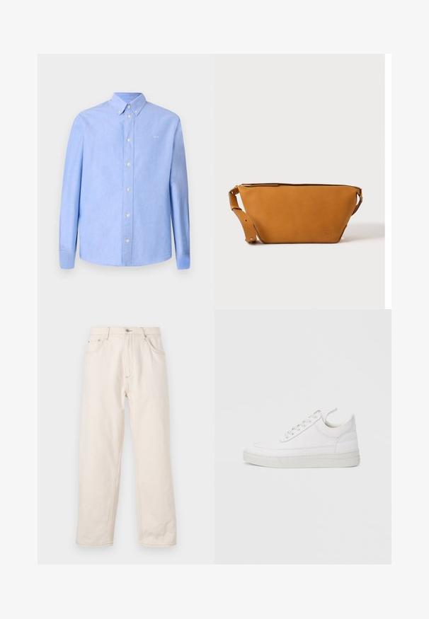 Chemise à manches longues bleu clair en tissu à texture lisse. Dotée d'un col boutonné et de boutons blancs. Petit logo sur la poitrine.; Jean droit beige en denim, avec une fermeture à boutons, cinq poches et des détails de couture visibles. Texture lisse.; Baskets en cuir blanc avec un embout arrondi, une semelle plate et un laçage à l'avant. Présentent des détails de couture et un col rembourré pour plus de confort.; Sac bandoulière en cuir marron clair avec sangle réglable et fermeture éclair, présenté sur un fond clair uni.