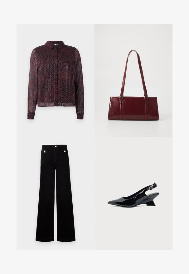 Chemise maroon transparente à boutons, à manches longues, avec un motif rayé en vagues, un col et des poignets à un seul bouton.; Jean noir évasé en denim, avec taille haute, deux poches avant et accents en métal doré. Texture lisse, design à jambe large.; Chaussure slingback en cuir verni noir avec bout pointu et petit talon bloc incliné sur fond clair uni.; Sac à main bordeaux en matériau brillant, de forme rectangulaire, avec deux anses et des accents légèrement courbés à l'avant.