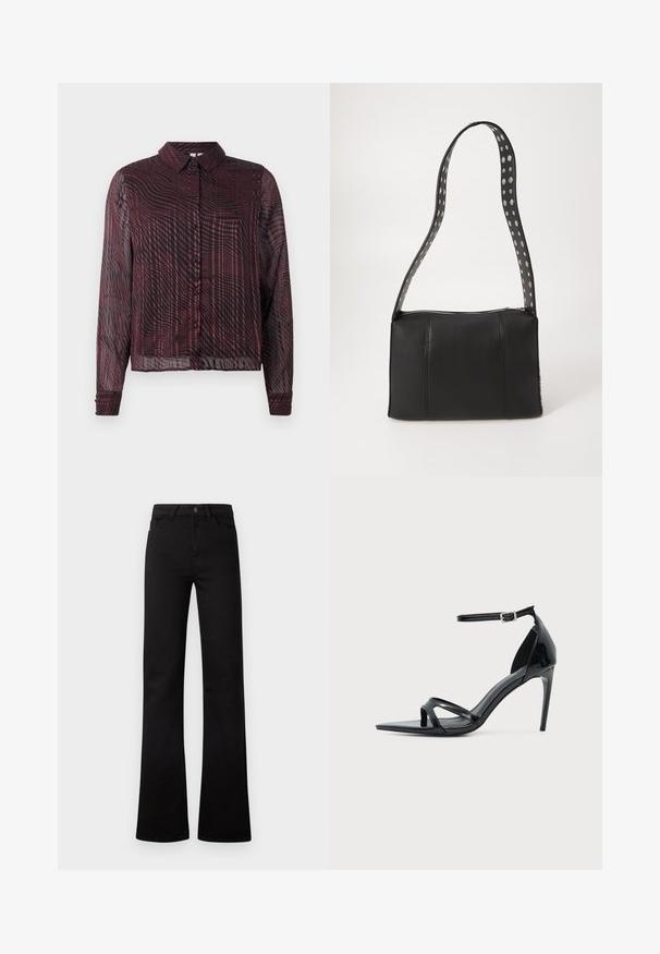 Chemise maroon transparente à boutons, à manches longues, avec un motif rayé en vagues, un col et des poignets à un seul bouton.; Jeans noirs à taille haute, jambes droites, avec poches avant, passants pour ceinture, fermeture par bouton, et ourlets légèrement évasés sur fond blanc.; Sandale à talon haut en cuir verni noir avec fine bride à la cheville, bout ouvert et design minimaliste sur fond clair uni.; Sac à main en cuir noir de forme rectangulaire, doté d'une fermeture éclair et d'une bandoulière à pois. Texture lisse, détails de couture minimaux.