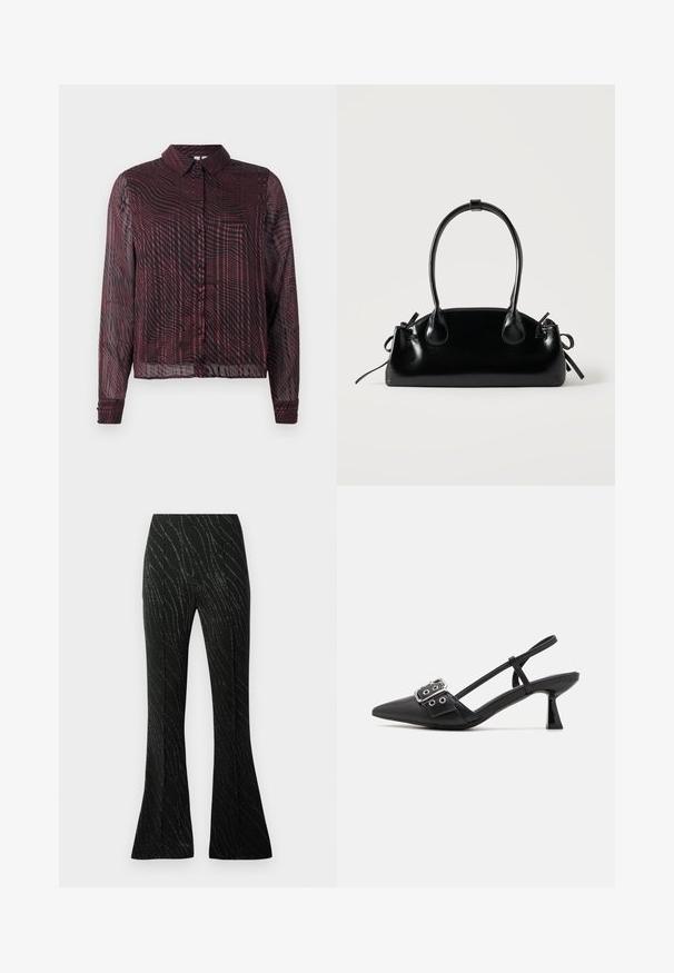 Chemise maroon transparente à boutons, à manches longues, avec un motif rayé en vagues, un col et des poignets à un seul bouton.; Pantalons évasés noirs en tissu à la texture douce, avec un motif de fil argenté ondulé. Ajustement sur mesure avec des plis avant.; Simmi London DALA - Escarpins - black; Petit sac à main noir brillant avec deux longues anses et des détails à cordon sur les côtés sur un fond clair uni.