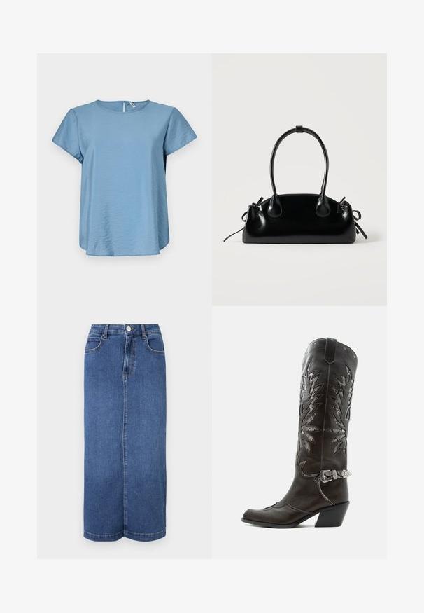 Haut bleu clair à manches courtes avec un col rond, fabriqué en tissu lisse, présentant un léger éclat et une fermeture à l'arrière en forme de clé.; Jupe maxi en denim bleu foncé, avec une coupe droite, une taille avec une fermeture à bouton et des détails de couture minimalistes.; Botte de cowboy en cuir noir avec découpes décoratives, boucle argentée et talon incliné, présentée sur fond blanc.; Petit sac à main noir brillant avec deux longues anses et des détails à cordon sur les côtés sur un fond clair uni.
