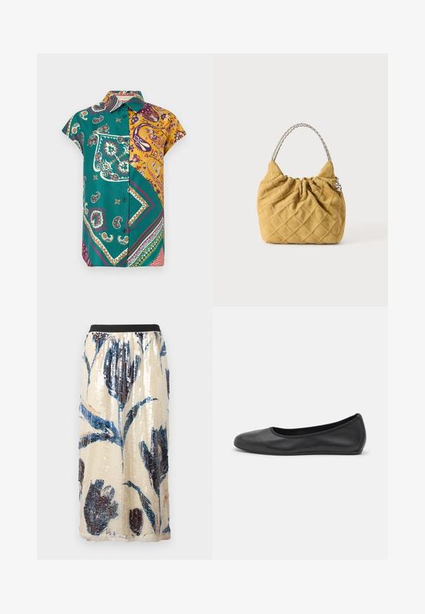 Chemise à manches courtes avec boutons, présentant un patchwork de motifs paisley et géométriques verts et jaunes sur fond blanc.; Jupe midi beige avec taille élastique noire, grand motif floral bleu et sombre pailleté.; Ballerines en cuir noir avec un bout rond, texture lisse, détails de couture minimalistes et design de semelle flexible.; Sac à main matelassé jaune moutarde doux avec une anse chaîne argentée et un détail froncé sur le dessus sur un fond clair uni.