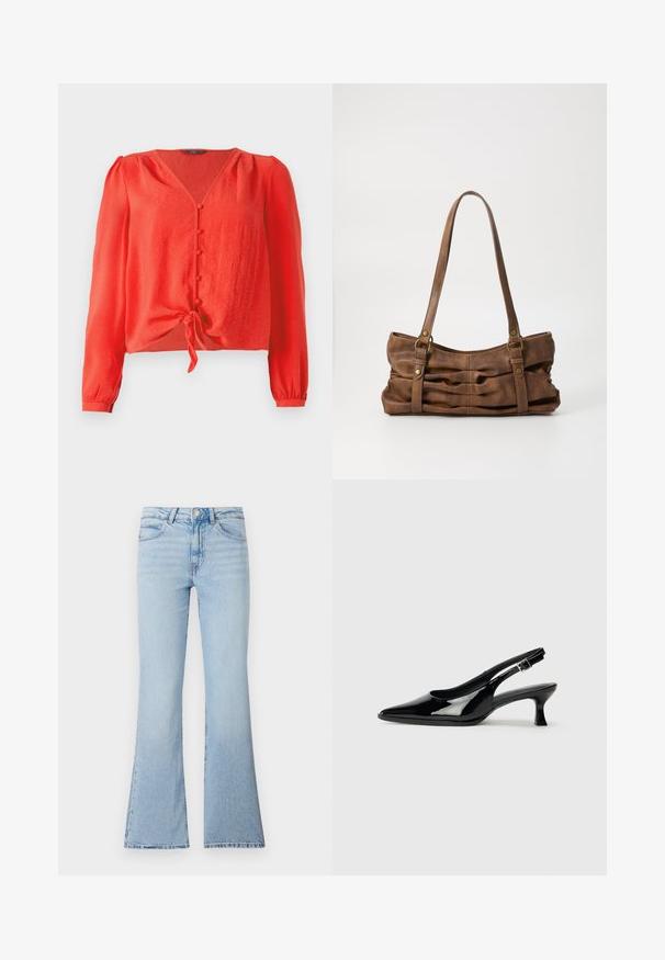 Blouse rouge à manches longues avec un décolleté en V et une fermeture à boutons sur le devant. Dotée d'un lien à la taille et d'un tissu doux et texturé.; Jean bleu clair évasé en denim. Doté d'une taille haute, d'un design classique à cinq poches et d'une texture légèrement décolorée.; Escarpins en cuir verni noir avec un bout pointu et un petit talon carré. Sangle réglable à la cheville avec boucle.; Even&Odd Sac à main - brown