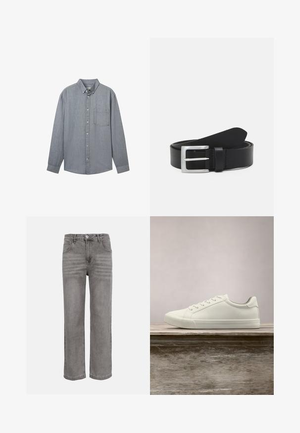 Grå skjorte med knapper foran, lange ærmer, krave, en enkelt brystlomme og et struktureret stof. Fastgjort med synlige knapper ned foran.; Grå denim jeans med lige ben, forreste knap- og lynlås-lukning, bæltestropper og to forlommer.; Hvide snørresneakers svævende over en træbænk med grønne planter i baggrunden, der fremhæver skodesign og tekstur.; Sort læderbælte med en glat overflade, sølv rektangulær spænde og en løkke til enden. Har pæne stikninger langs kanterne.