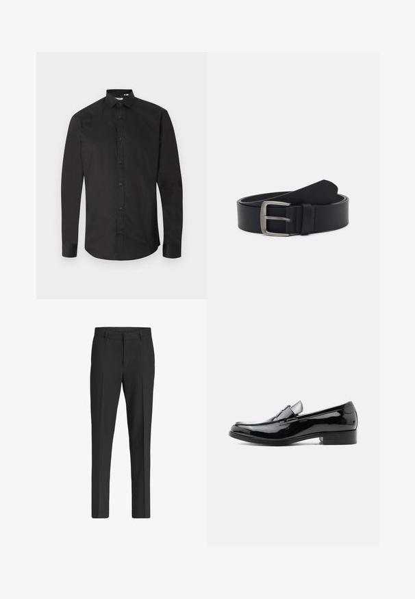 Chemise noire à manches longues en coton lisse, avec une fermeture à boutons sur le devant, un col classique et un ourlet arrondi. Design simple, sans motifs.; Pantalon de costume noir ajusté à jambe droite, passants de ceinture, pli marqué sur le devant et poches latérales, présenté sur fond blanc uni.; Mocassin pour homme en cuir verni noir avec talon bas, bout arrondi, et détail de bride sur le dessus, sur fond blanc.; Ceinture en cuir noir avec une boucle en métal argenté, présentant une finition lisse et un design classique. La ceinture est enroulée avec l'extrémité pointée.