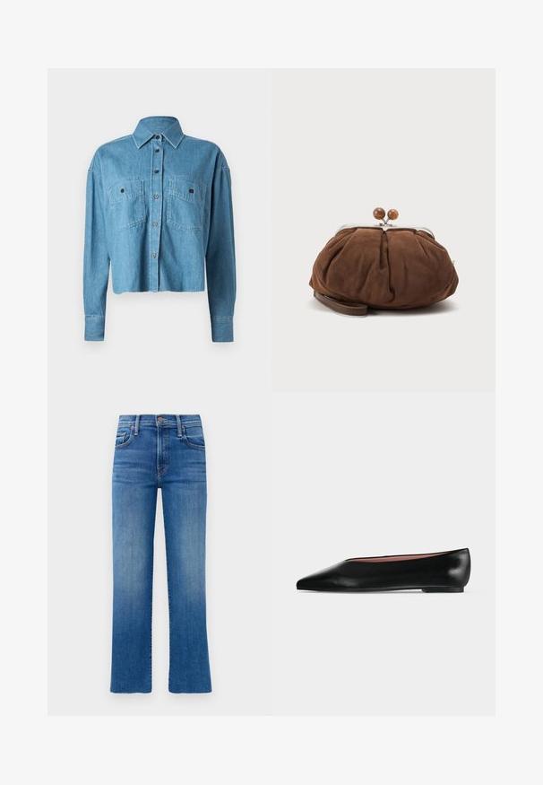 CLOSED CROPPED FRONT OVERSIZED - Chemisier - mid blue; Jean en denim bleu avec une coupe droite, une taille haute et un léger dégradé. Présente un style classique à cinq poches et des accents en métal doré.; Chaussure plate en cuir noir pour femme, avec bout pointu et petit talon, vue de côté sur un fond gris clair uni.; Petit sac poignet en daim marron doux avec cadre en métal argenté et boules rondes marron de fermeture sur fond clair uni.