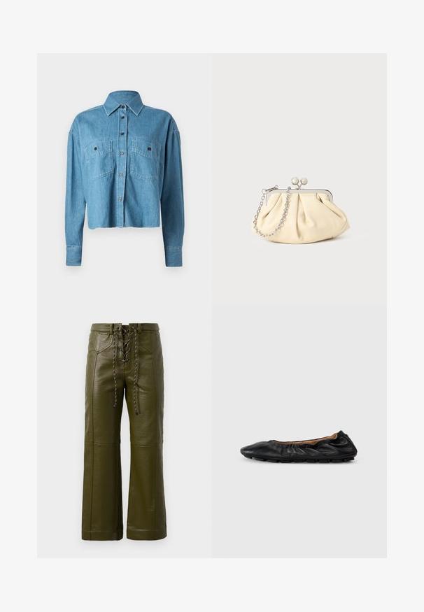 CLOSED CROPPED FRONT OVERSIZED - Chemisier - mid blue; Pantalons larges en cuir vert olive avec une finition texturée, dotés d'un devant à lacets et de solides accents en métal noir.; Ballerines en cuir noir avec des détails froncés au col, bout rond et semelle en caoutchouc flexible. Texture lisse dans l'ensemble.; Pochette en cuir beige plissé avec un cadre en métal argenté, dotée de deux fermoirs ronds décoratifs et d'une chaîne en argent.