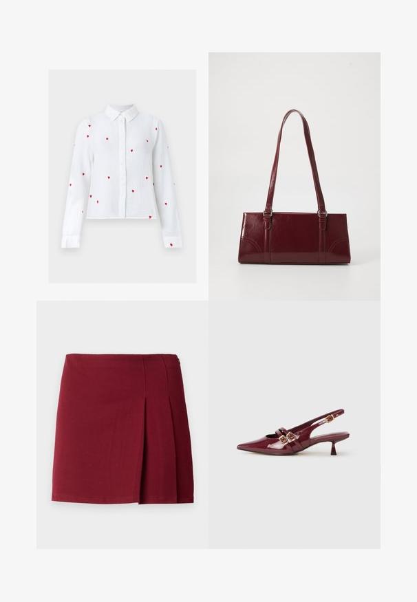 Blouse blanche à manches longues avec boutons, motifs de cœurs rouges brodés et col pointu, présentée sur un fond neutre.; Jupe mini plissée bordeaux avec une texture lisse, taille ajustée et fermeture à glissière sur le côté. Design simple et minimaliste sans motifs.; Chaussure slingback en cuir verni bordeaux avec un bout pointu, deux brides plates avec des boucles dorées, et un petit talon.; Sac à main bordeaux en matériau brillant, de forme rectangulaire, avec deux anses et des accents légèrement courbés à l'avant.