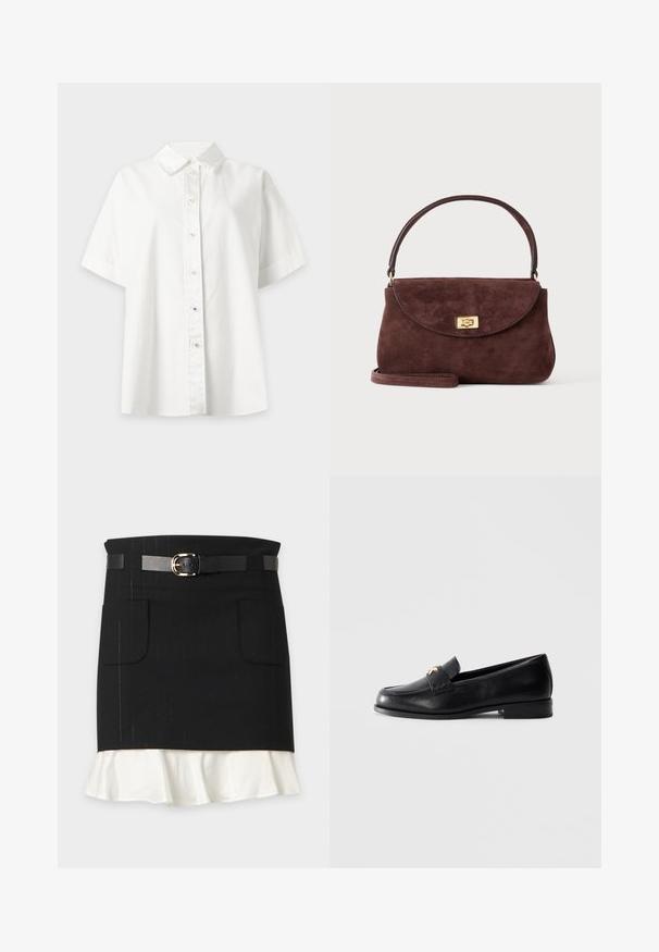 Chemise blanche à manches courtes avec boutons et col pointu, présentée sur un fond gris clair.; Jupe noire avec poches avant et ceinture, avec un détail volanté blanc au bas.; Mocassin en cuir noir avec un petit talon et un emblème décoratif en or sur la sangle, présenté sur un fond gris clair uni.; Petit sac à main en daim marron avec un rabat courbe, une fermeture à tour dorée, une poignée courte et une bandoulière optionnelle sur un fond uni.
