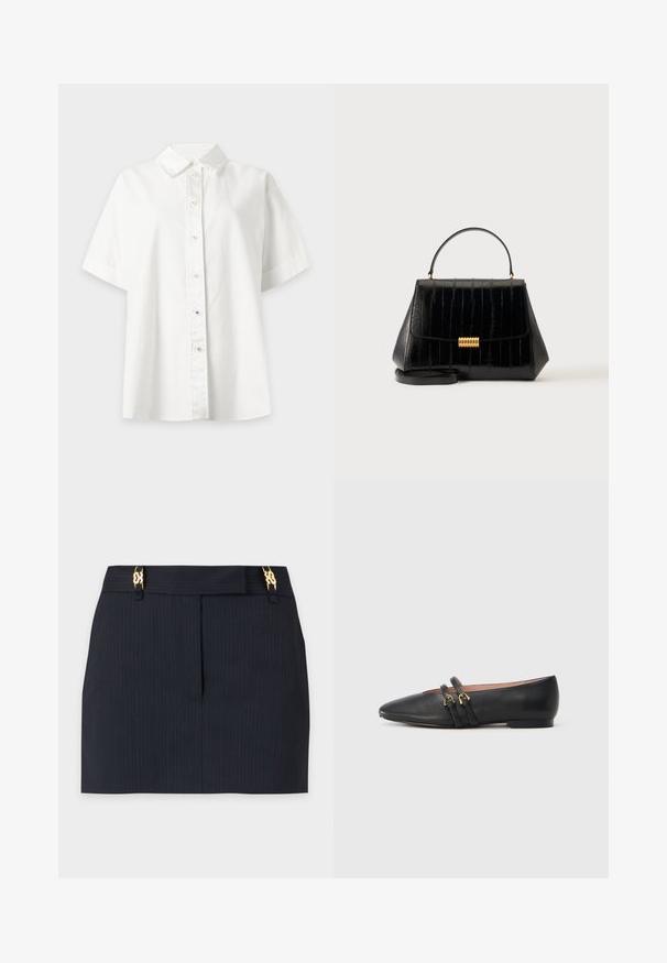 Chemise blanche à manches courtes avec boutons et col pointu, présentée sur un fond gris clair.; Mini-jupe noire à fines rayures avec couture avant et clips décoratifs dorés à la taille sur fond blanc.; Chaussures plates en cuir noir avec un bout pointu, dotées de deux brides noires avec des accents en métal doré. Texture lisse et talon bas.; Sac à main en cuir noir avec poignée supérieure, fermoir doré et bandoulière amovible sur un fond clair uni.