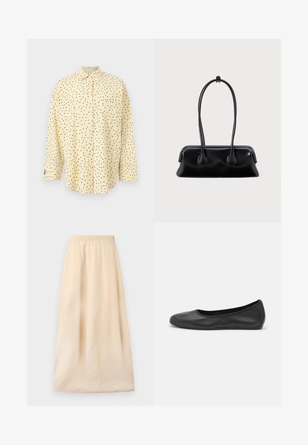 Chemise à manches longues de couleur jaune clair avec des boutons et des pois noirs, dotée d'une poche poitrine unique, présentée sur un fond uni.; Jupe longue beige avec taille élastique et détail de couture subtil, présentée à plat sur un fond clair.; Ballerines en cuir noir avec un bout rond, texture lisse, détails de couture minimalistes et design de semelle flexible.; Sac à main en cuir noir avec deux poignées allongées, une texture lisse et une base arrondie, ornée d'accents décoratifs sur les côtés.
