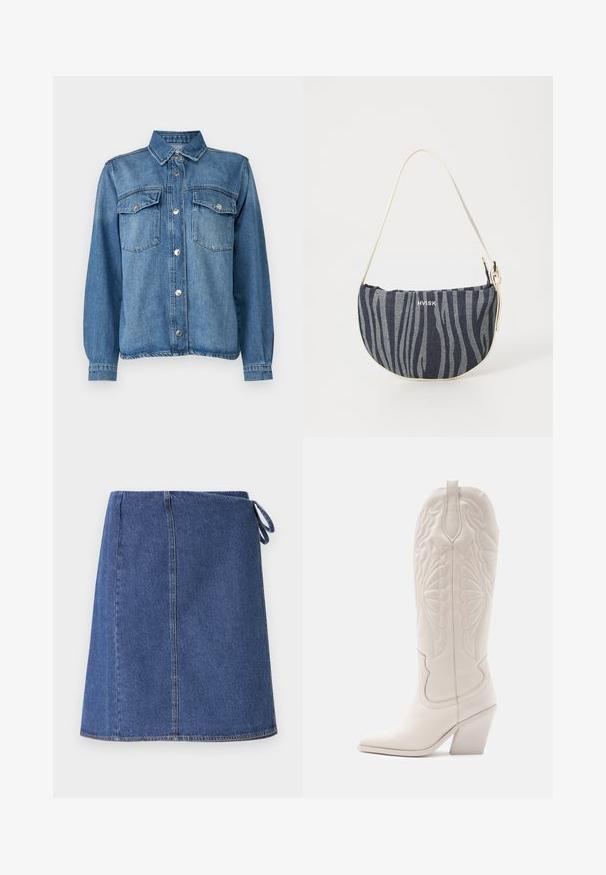 Lichtblauwe denimjas met knoopsluiting aan de voorkant, twee borstzakken, puntige kraag en lange mouwen met knoopmanchetten.; Denim wikkelrok in donkerblauw. Heeft een rechte snit, zichtbare stiksels en een zijsluiting voor aanpassing. Glad textuur en standaard zoomlijn.; Witte leren cowboylaars met een spitse neus en een vierkante hak. Heeft ingewikkelde stikpatronen op de schacht en een soepele textuur.; Denim handtas met een gebogen vorm, voorzien van een marineblauw en lichtblauw zebra-streep patroon, witte band en het merklogo dat prominent weergegeven is.