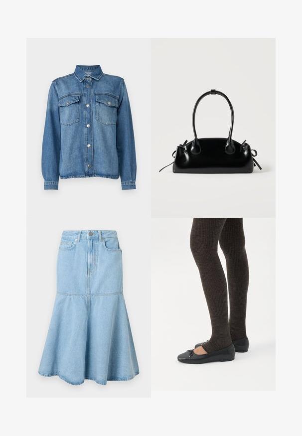 Lichtblauwe denimjas met knoopsluiting aan de voorkant, twee borstzakken, puntige kraag en lange mouwen met knoopmanchetten.; Lichtblauwe denim rok met een uitlopende onderkant, voorzien van een getailleerde taille, zakken en subtiele stikdetails.; Benen met donkere geribbelde leggings gecombineerd met zwarte ballerina's met kleine strikdetails op een witte achtergrond.; Kleine zwarte glanzende handtas met twee lange hengsels en zijkant trekkoord details op een effen lichte achtergrond.