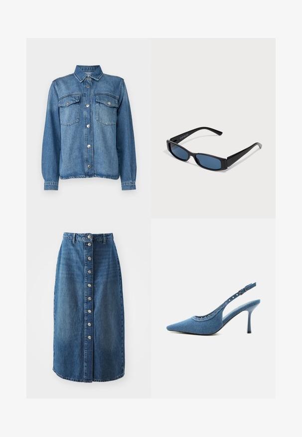 Lysblå denimjakke med frontlukning med knapper, to brystlommer, spidse kraver og lange ærmer med knapmanchetter.; Denimnederdel med en mellemlang længde, der har en knappelukning foran med fem knapper og en let buet kant. Farve: mørkeblå.; Blå denim spids tå slingback sko med høj hæl, sølv øjendesign og justerbar spænde.; Sorte solbriller med en slank rektangulær ramme og blå linser. Har en glat overflade og robuste stænger. Mærkets logo på siden.