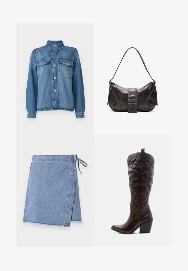 Lysblå denimjakke med frontlukning med knapper, to brystlommer, spidse kraver og lange ærmer med knapmanchetter.; Lysblå denim omslagskirt med bundet lukning, frynset kant og lige snit med en svag A-form.; Høj mørkebrun læder cowboystøvle med syede dekorative mønstre, spids tå og stablet blokhæle.; Brun læder skuldertaske med en buet form, der har et fremtrædende spænde, kontrasterende syninger og en enkelt skulderrem.