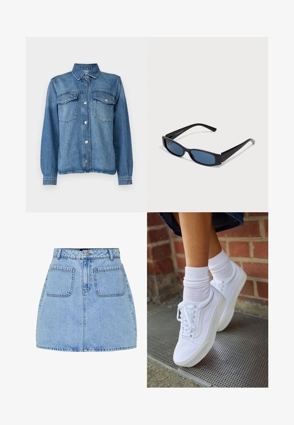 Lichtblauwe denimjas met knoopsluiting aan de voorkant, twee borstzakken, puntige kraag en lange mouwen met knoopmanchetten.; Lichtblauwe denim mini-jurk met een hoge taille, sluiting met knopen aan de voorkant en twee achterzakken. Kenmerkt zich door contrasterende stiksels en een rechte pasvorm.; Witte canvas sneakers met rubberen zolen, voorzien van zes vetertjes, een ronde neus en lichte stikdetails, gecombineerd met witte enkelsokken.; Zwarte zonnebril met een slank rechthoekig frame en blauwe lenzen. Heeft een gladde textuur en stevige pootjes. Merklogo aan de zijkant.