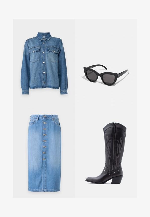 Lichtblauwe denimjas met knoopsluiting aan de voorkant, twee borstzakken, puntige kraag en lange mouwen met knoopmanchetten.; Blauwe denim midi-rok met een rechte snit, voorzien van een sluiting met knopen aan de voorkant, vijf zakken en een vervaagde wassing voor textuur.; Zwarte leren cowboylaarzen met een puntige neus, zichtbare stiksels, zilveren studaccenten en een ritssluiting aan de binnenkant.; Zwarte cat-eye zonnebril met een matte afwerking, voorzien van grijs getinte glazen, scherpe hoeken en slanke zijarmen. Merkennaam zichtbaar op de binnenarm.
