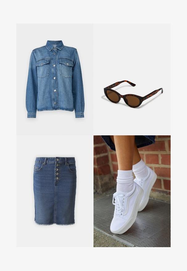 Lysblå denimjakke med frontlukning med knapper, to brystlommer, spidse kraver og lange ærmer med knapmanchetter.; Denim nederdel med en tætsiddende design, blå farve, fem-knaps lukning foran, frynset kant og to lommer ved hofterne.; Hvide lærreds sneakers med gummisåler, der har seks snørehuller, rund tå og let sømdetaljer, krydret med hvide ankelstrømper.; Brune skildpadde solbriller med en vintage katteøje-form og brune linser. Har buede arme med røde detaljer.