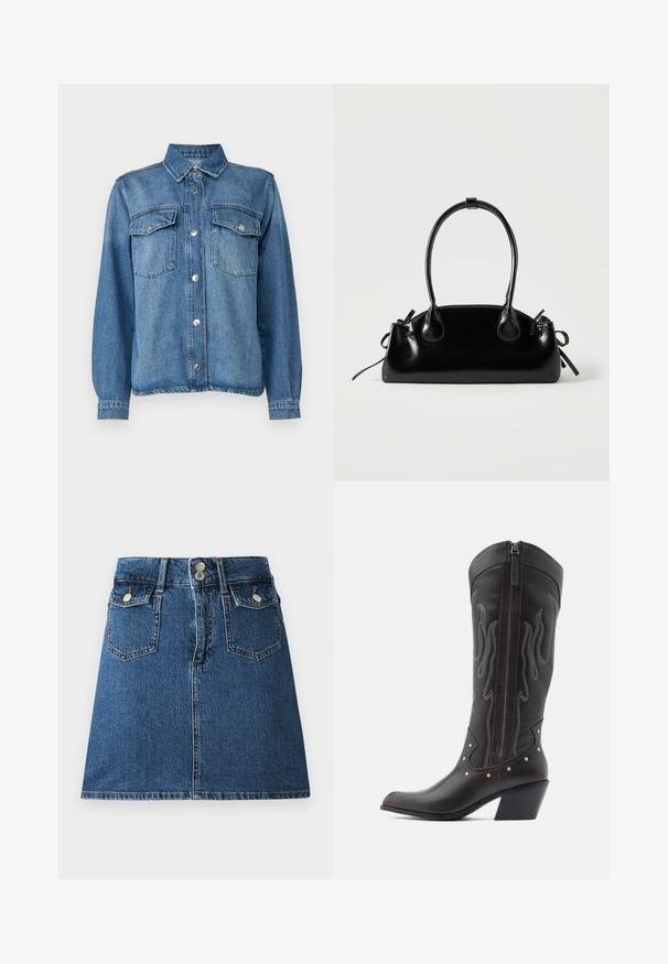 Lysblå denimjakke med frontlukning med knapper, to brystlommer, spidse kraver og lange ærmer med knapmanchetter.; Denim nederdel i dyb blå, med en tætsiddende talje, to forlommer, to baglommer og sølvfarvede knaplukninger.; Brune læder cowboystøvler med flammebroderi, sidelukning med lynlås, sølvnitter, spids snude og lagdelt hæl.; Lille sort blank håndtaske med to lange håndtag og snøre-detaljer i siden på en ensfarvet lys baggrund.