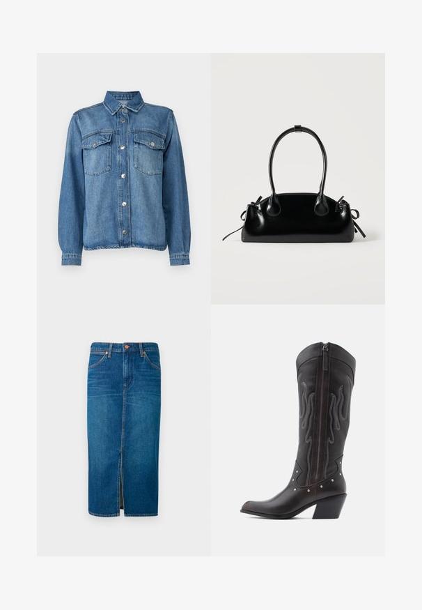 Lichtblauwe denimjas met knoopsluiting aan de voorkant, twee borstzakken, puntige kraag en lange mouwen met knoopmanchetten.; Denim midi-schoot in diepblauw met een voorknof, vijf zakken, oranje stiksels en een beveiligde tailleband met twee metalen knopen.; Bruine leren cowboylaarzen met vlamstiksels, zijrits, zilveren studs, spits toelopende neus en gestapelde hak.; Kleine zwarte glanzende handtas met twee lange hengsels en zijkant trekkoord details op een effen lichte achtergrond.