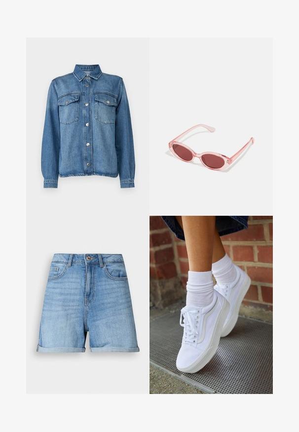 Lysblå denimjakke med frontlukning med knapper, to brystlommer, spidse kraver og lange ærmer med knapmanchetter.; Lyseblå denimshorts med opsmøgede kanter, frontknap og lynlåslukning samt fem-lommer design på en ensfarvet baggrund.; Hvide lærreds sneakers med gummisåler, der har seks snørehuller, rund tå og let sømdetaljer, krydret med hvide ankelstrømper.; Lyserøde transparente solbriller med ovale linser, mørkerød toning og slanke stænger, der har en glat overflade og diskret detaljering på rammen.