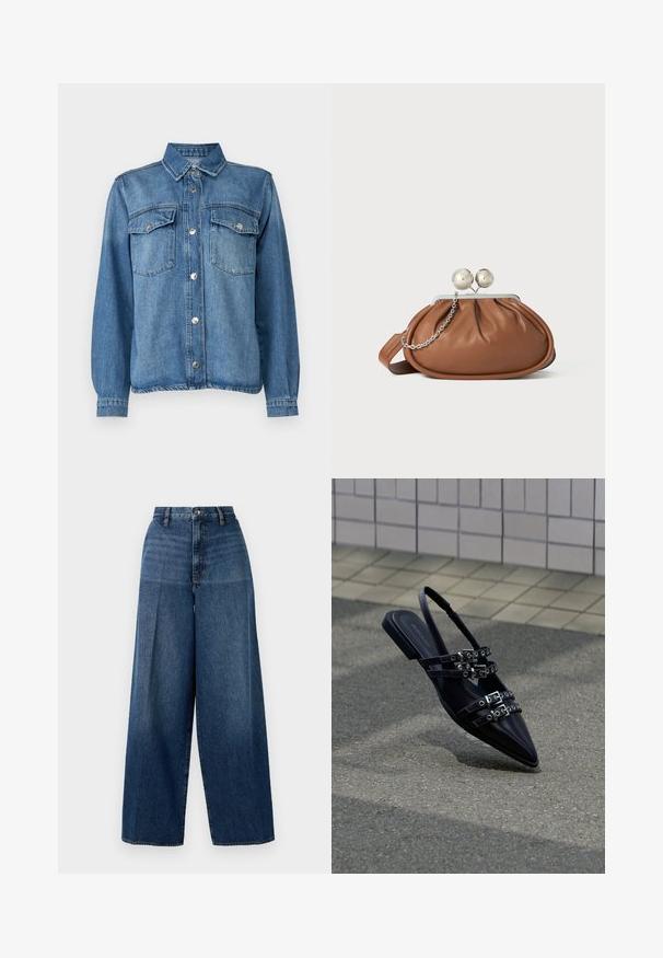 Jeansjacke in Hellblau mit Druckknopfverschluss, zwei Brusttaschen, spitzem Kragen und langen Ärmeln mit knöpfbaren Manschetten.; Weite Denim-Jeans in Dunkelblau. Mit hoher Taille, Reißverschluss und dezentem Verblassen. Aus strukturiertem Baumwollstoff gefertigt.; Schwarze flache Sandale mit spitz zulaufender Spitze, mehreren Riemchen mit Schnallen und Slingback, vor einem gepflasterten Boden und einem gefliesten Wandhintergrund positioniert.; Braune Leder-Clutch mit silbernem Kugelverschluss und einem kleinen silbernen Kettendetail auf weißem Hintergrund.