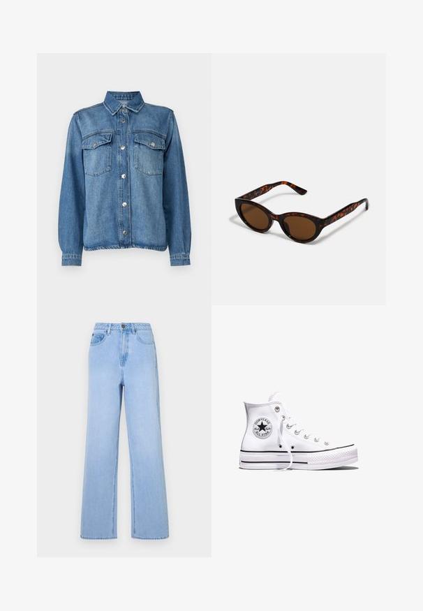 Jeansjacke in Hellblau mit Druckknopfverschluss, zwei Brusttaschen, spitzem Kragen und langen Ärmeln mit knöpfbaren Manschetten.; Hellblaue High-Waist-Jeans mit weitem Bein, aus Denim gefertigt. Hervorgehobene Nähte und Fünf-Taschen-Design.; Weißer Converse Chuck Taylor All Star High-Top-Sneaker mit schwarzen Streifen und Logo-Patch an der Seite, präsentiert vor einem schlichten weißen Hintergrund.; Braune Schildpatt-Sonnenbrille mit einer Vintage-Cat-Eye-Form und braunen Gläsern. Verfügt über gebogene Bügel mit roten Akzenten.