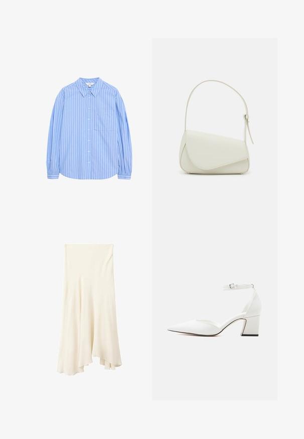 Camisa de botón de mangas largas azul claro con rayas verticales blancas, diseño de cuello, un bolsillo en el lado izquierdo del pecho y mangas abullonadas en los puños.; Falda midi fluida de color crema con dobladillo asimétrico y caída suave de la tela.; Zapato blanco de punta estrecha y tacón medio con correa en el tobillo y hebilla, acabado liso, y tacón ancho sobre un fondo claro liso.; Bolso de mano de imitación cuero blanco con una forma triangular estructurada, correa ajustable única y cierre con solapa acentuada en curva.