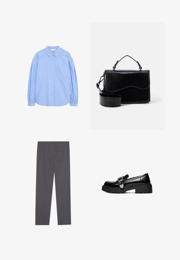 Lys blå langærmet skjorte med knapper, hvide lodrette striber, kravedesign, en lomme på venstre bryst og sammenfaldne ærmer ved manchetterne.; Even&Odd Bukser - dark grey; Sorte lakerede loafers med en kraftig platform sål, der har en sølv spænde accent og en markant rillede detalje på ydersålen.; Sort faux læder crossover taske med et tekstureret krokodillemønster, en top-håndtag og en justerbar rem. Egenskab: buet klaplukning.