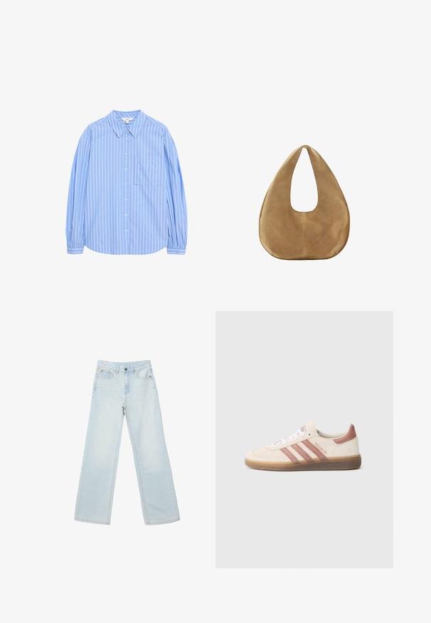 Lys blå langærmet skjorte med knapper, hvide lodrette striber, kravedesign, en lomme på venstre bryst og sammenfaldne ærmer ved manchetterne.; Lyseblå jeans med høj talje og lige ben, med frontknap og lynlås, for- og baglommer, vist på hvid baggrund.; Beige ruskindssneaker med pink detaljer, tre pink striber, hvide snørebånd og en gennemsigtig gummisål. "Spezial" branding på siden.; Tanfarvet ruskinds-hobo-taske med bred, rundet krop og enkelt fladt håndtag, vist mod en ensfarvet hvid baggrund.