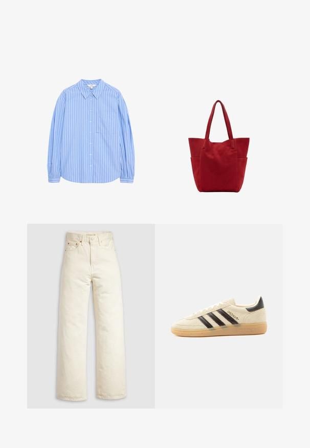 Camisa de botón de mangas largas azul claro con rayas verticales blancas, diseño de cuello, un bolsillo en el lado izquierdo del pecho y mangas abullonadas en los puños.; Pantalones vaqueros de pierna ancha en denim color blanco roto, con cintura alta, remaches de cobre y diseño clásico de cinco bolsillos. Tejido texturizado con dobladillos limpios.; Zapatilla de ante color crema con rayas negras, suela de goma, lengüeta negra en el talón y texto dorado "SPEZIAL" en el lateral.; Bolso tote de ante rojo con dos asas largas y bolsillos laterales, colocado en posición vertical sobre un fondo blanco liso.